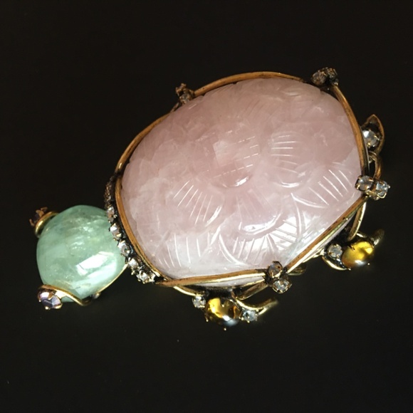 IRADJ MOINI Vintage Costume Jewelry Large Turtle Gemstone Brooch Pin Pink Quartz - Picture 7 of 11